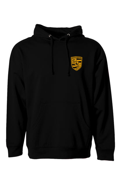 Woodside Porsche design printed in signal yellow on chest of hooded sweatshirt