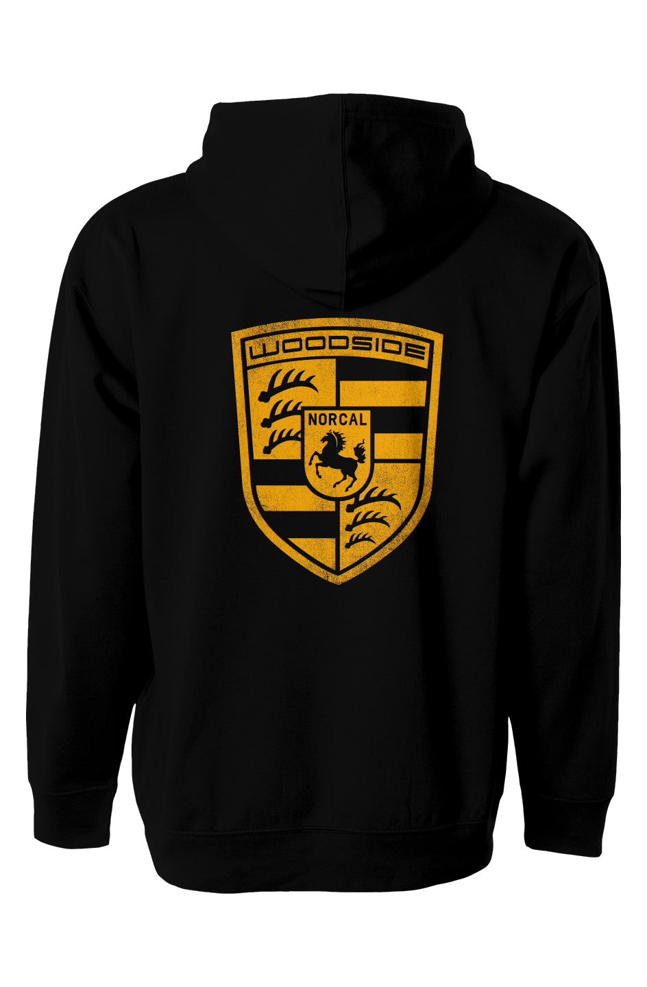 Woodside Porsche design printed in signal yellow on back of hooded sweatshirt