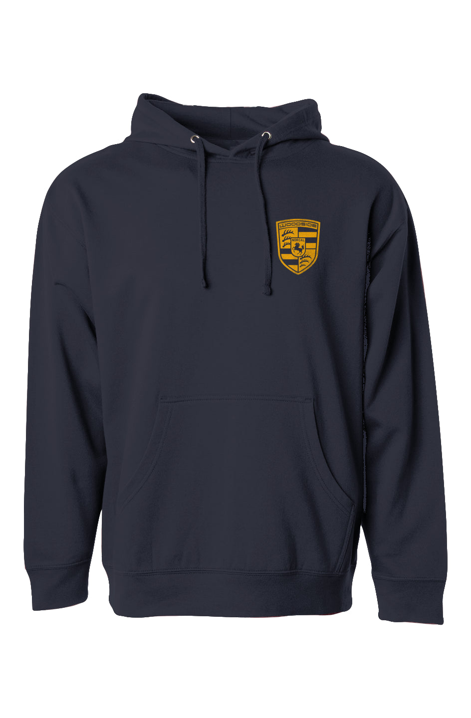 Woodside Porsche design printed in signal yellow on chest of hooded sweatshirt