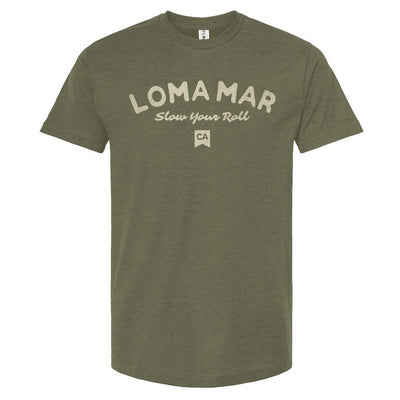 loma mar "slow your roll" CA flag printed on chest of premium unisex t-shirt