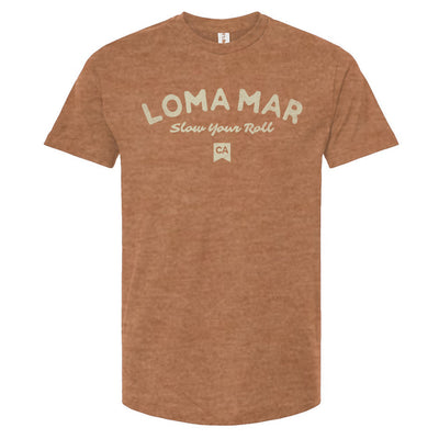 loma mar "slow your roll" CA flag printed on chest of premium unisex t-shirt