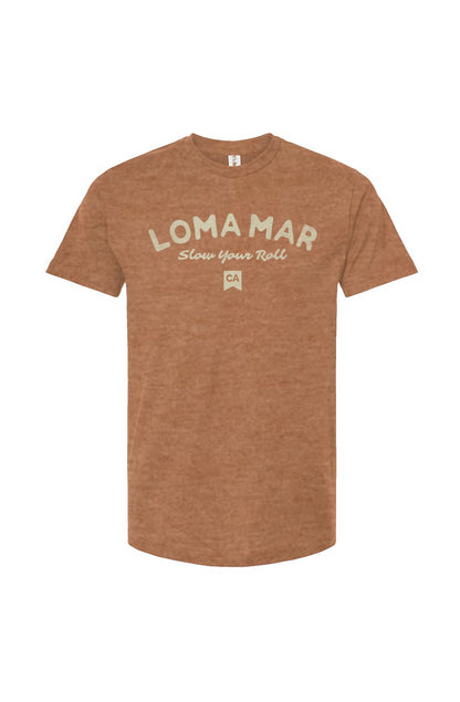 loma mar "slow your roll" CA flag printed on chest of premium unisex t-shirt