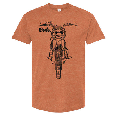 RIDE design scrambler motorcycle printed on chest of premium unisex t-shirt