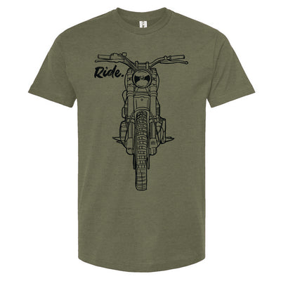 RIDE design scrambler motorcycle printed on chest of premium unisex t-shirt