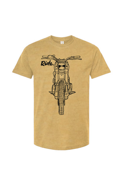 RIDE design scrambler motorcycle printed on chest of premium unisex t-shirt