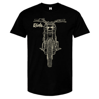 RIDE design scrambler motorcycle printed on chest of premium unisex t-shirt