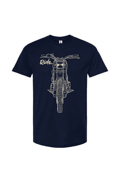 RIDE design scrambler motorcycle printed on chest of premium unisex t-shirt