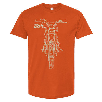RIDE design scrambler motorcycle printed on chest of premium unisex t-shirt