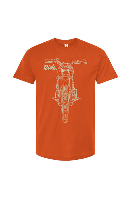 RIDE design scrambler motorcycle printed on chest of premium unisex t-shirt