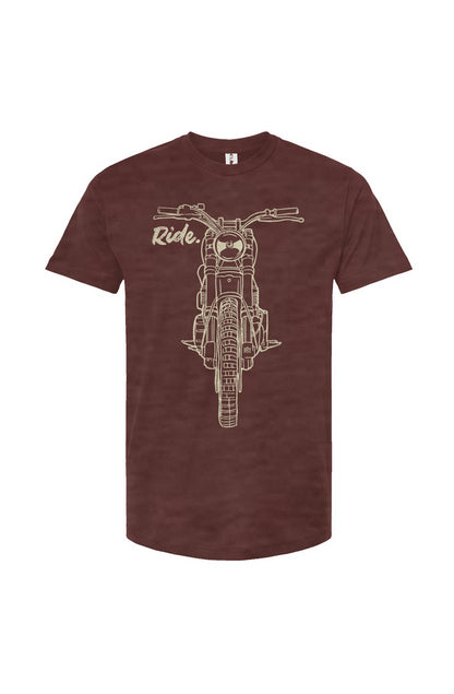 RIDE design scrambler motorcycle printed on chest of premium unisex t-shirt