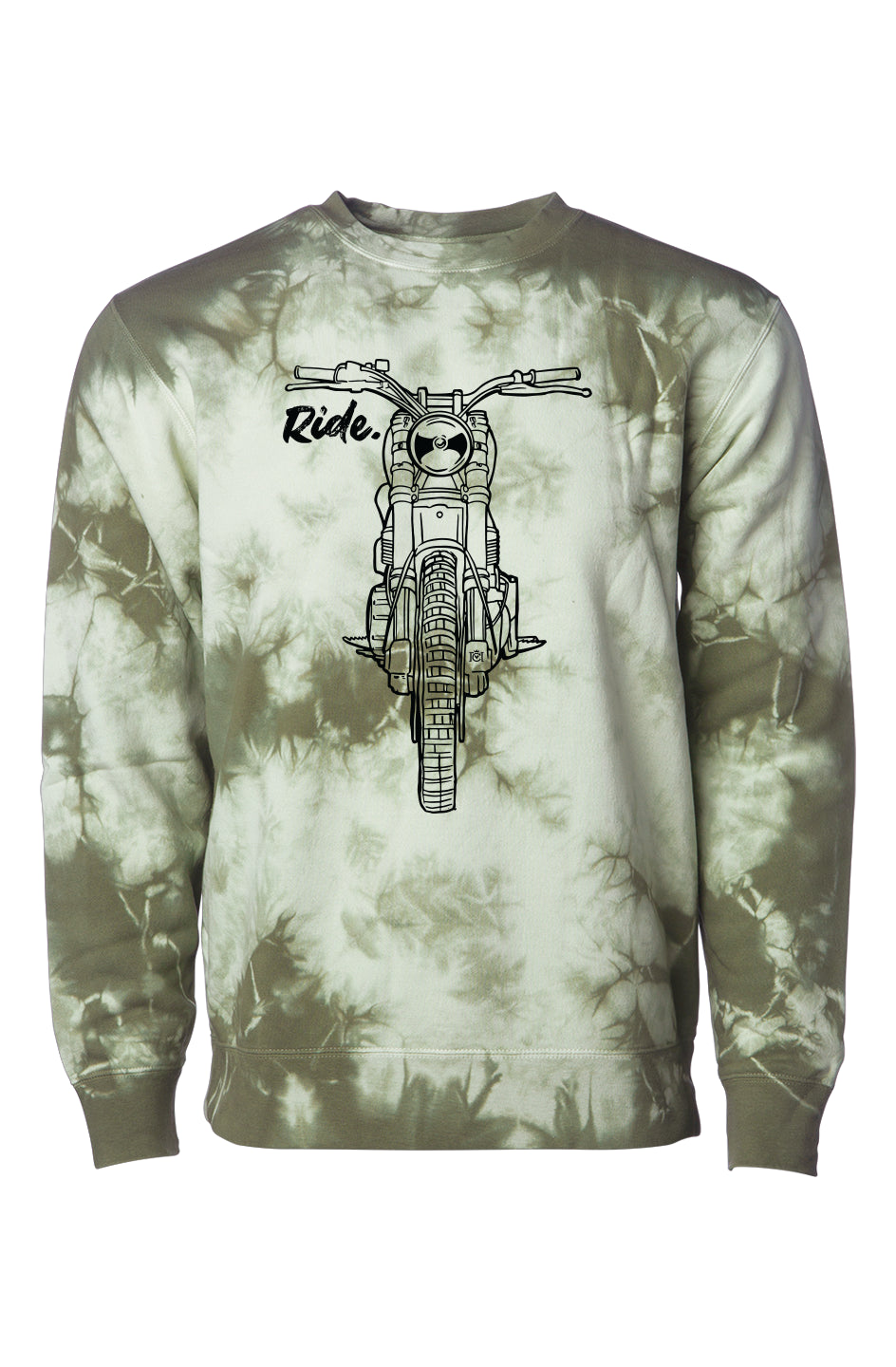 Limited Edition Ride Tie-Dye Sweatshirt, scrambler motorcycle printed on chest of olive green and white tie-dyed crew neck sweatshirt from crown moto