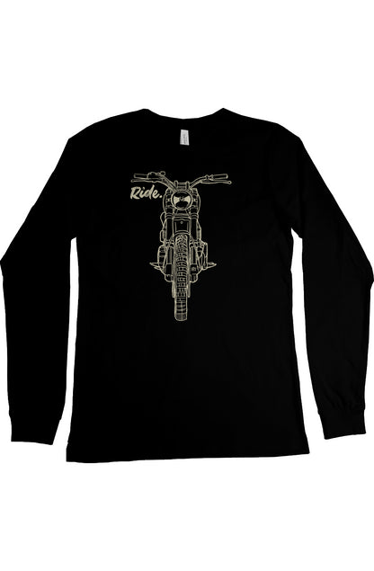 Scrambler motorcycle drawing with RIDE text printed on chest of long sleeve shirt