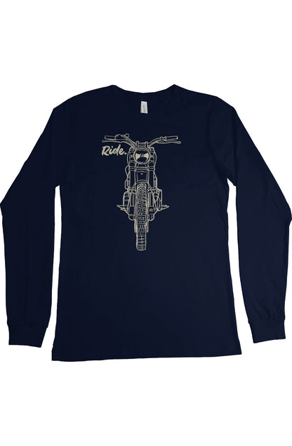 Scrambler motorcycle drawing with RIDE text printed on chest of long sleeve shirt