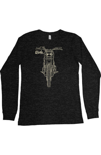 Scrambler motorcycle drawing with RIDE text printed on chest of long sleeve shirt