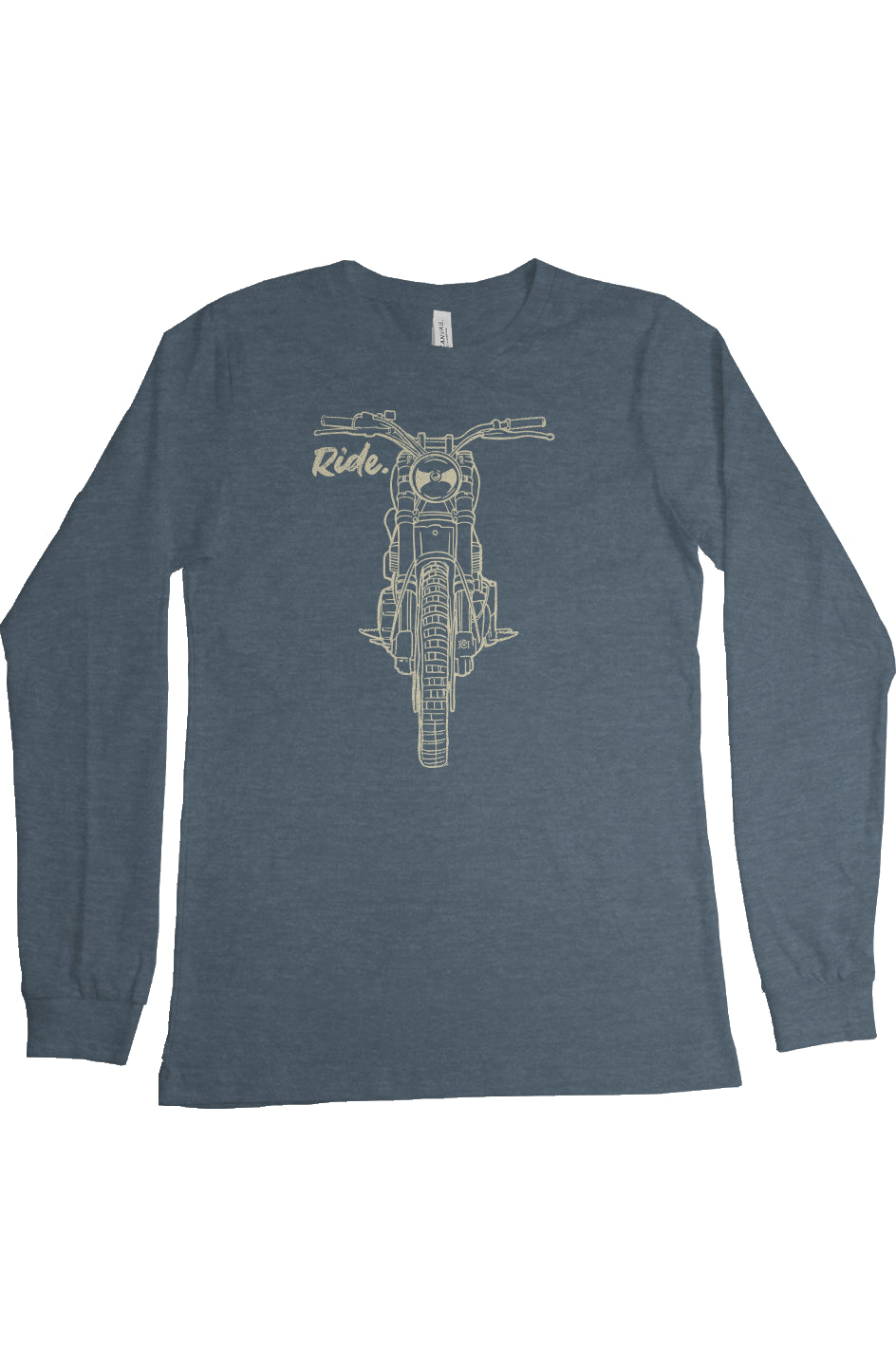 Scrambler motorcycle drawing with RIDE text printed on chest of long sleeve shirt