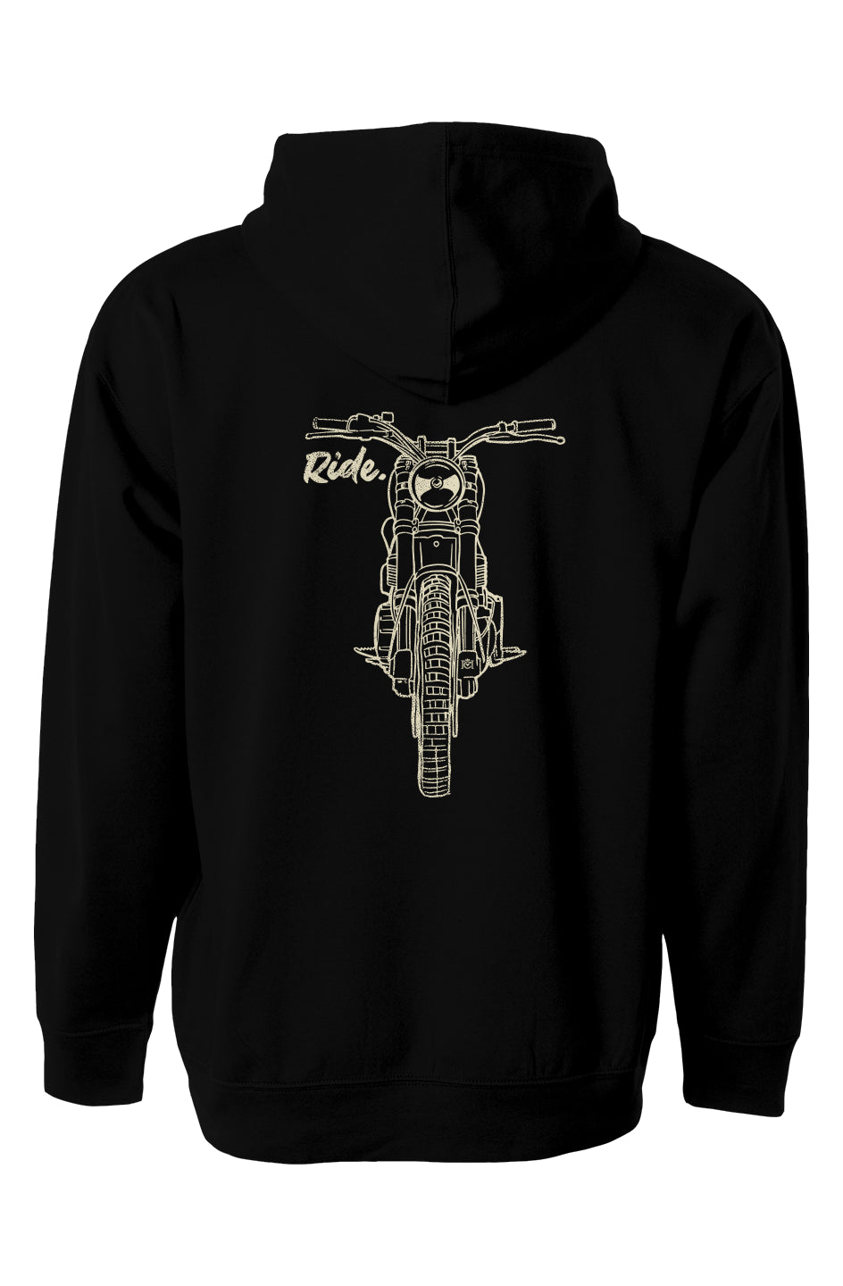 Scrambler motorcycle drawing with RIDE text printed on back of hooded sweatshirt