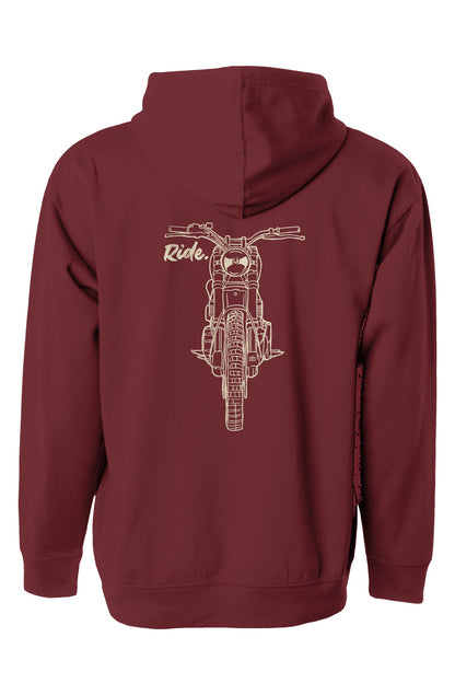 Scrambler motorcycle drawing with RIDE text printed on back of hooded sweatshirt