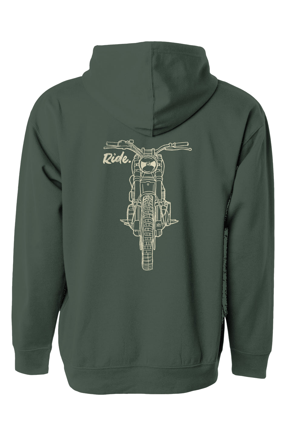 Scrambler motorcycle drawing with RIDE text printed on back of hooded sweatshirt