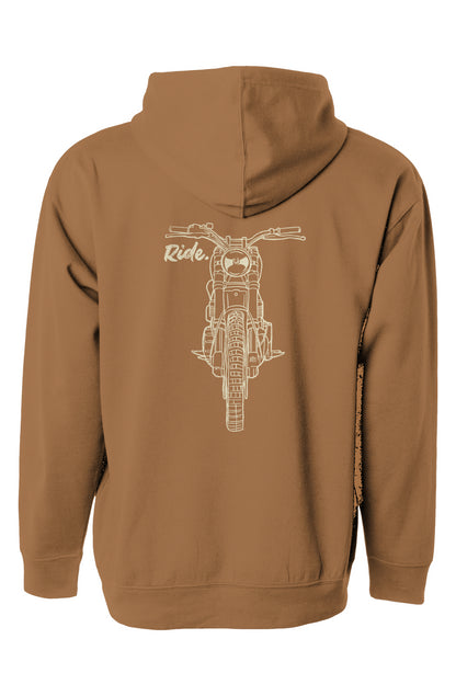 Scrambler motorcycle drawing with RIDE text printed on back of hooded sweatshirt