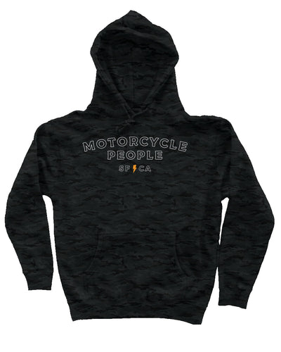 Original Motorcycle People SF design printed on chest of Black Camo Hoodie