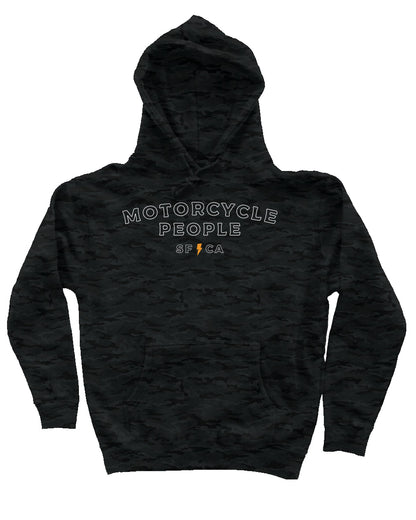 Original Motorcycle People SF design printed on chest of Black Camo Hoodie