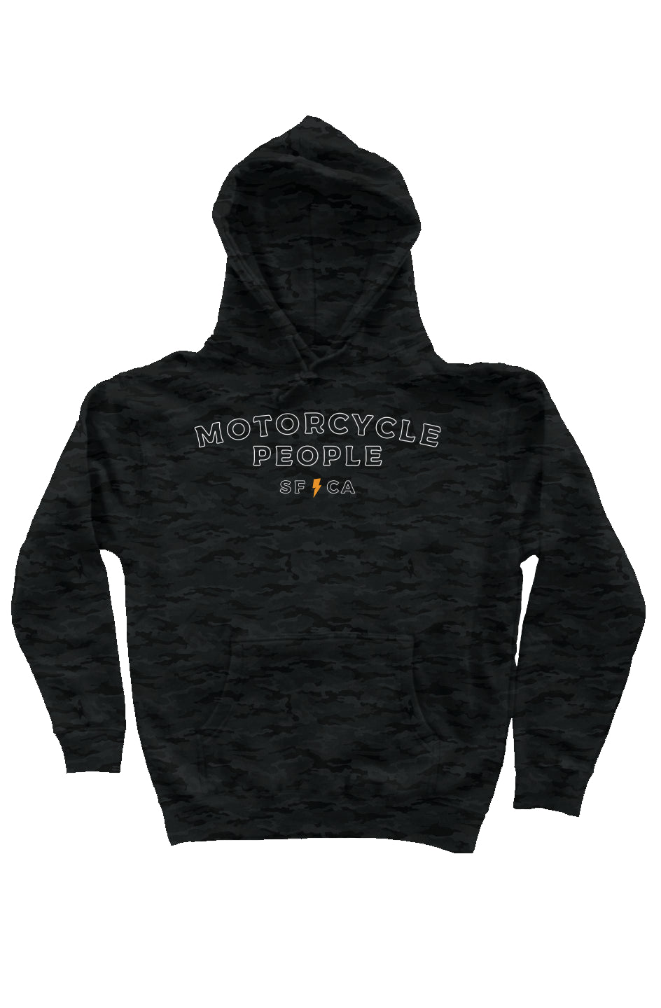 Original Motorcycle People SF design printed on chest of Black Camo Hoodie