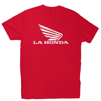 La Honda Parody honda motorcycle design printed in white ink on chest of crew neck t-shirt