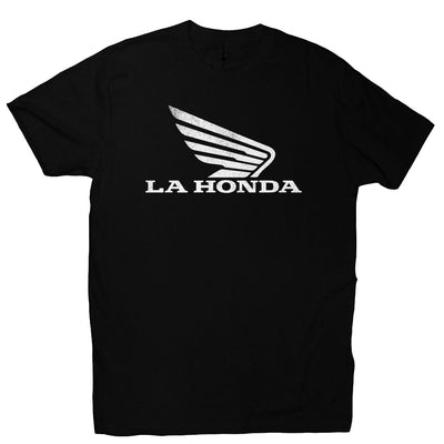 La Honda Parody honda motorcycle design printed on chest of crew neck t-shirt