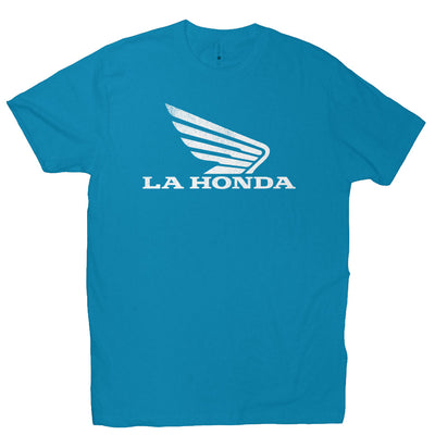 La Honda Parody honda motorcycle design printed on chest of crew neck t-shirt