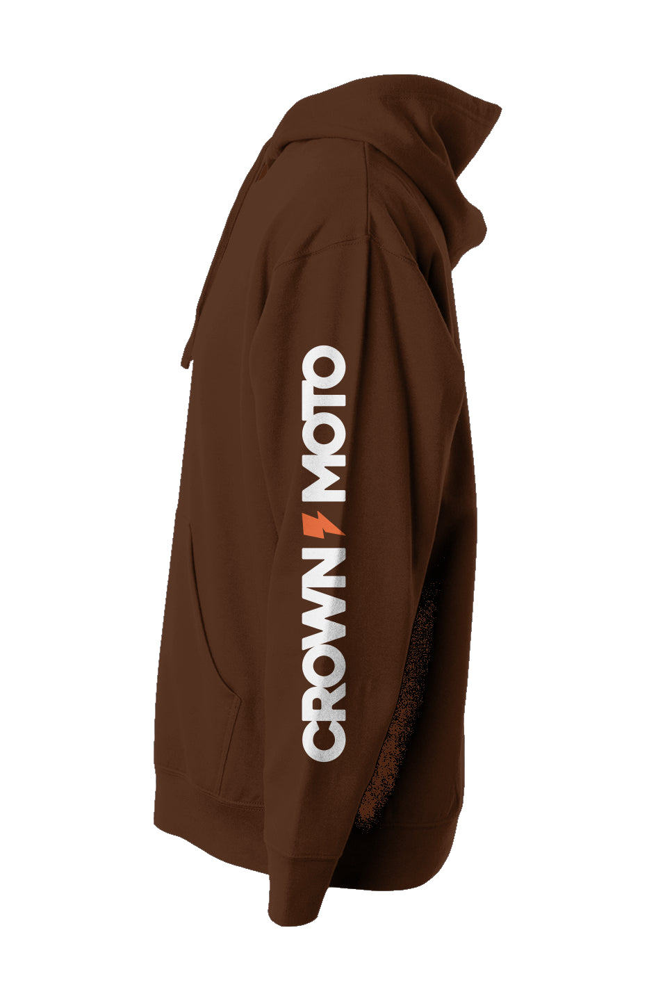 crown moto logo text and lightning bolt printed on sleeve of premium hooded sweatshirt