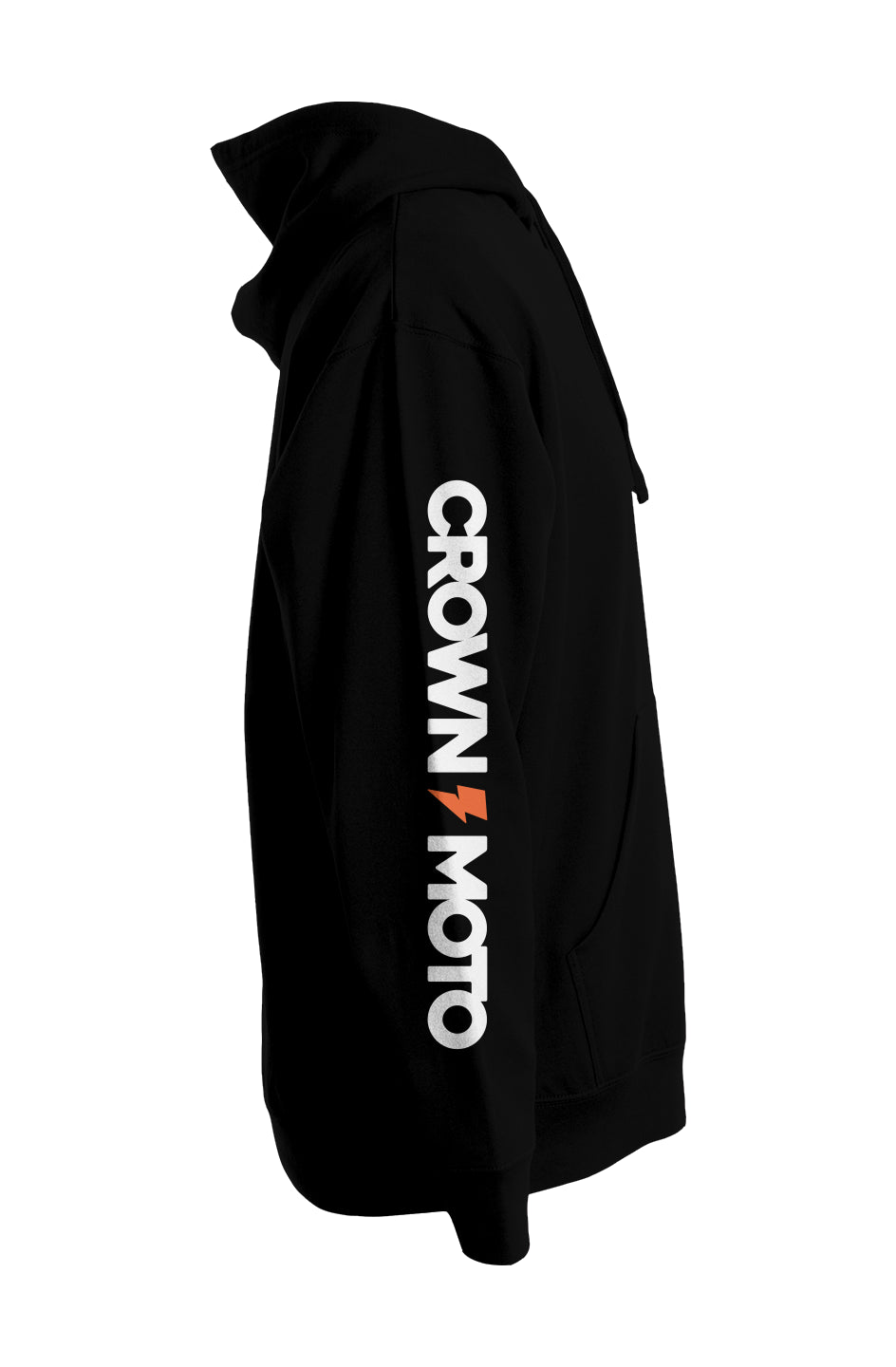 crown moto logo text and lightning bolt printed on sleeve of premium hooded sweatshirt