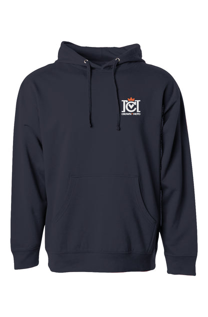 Trademarked crown moto logo printed on chest of hooded sweatshirt