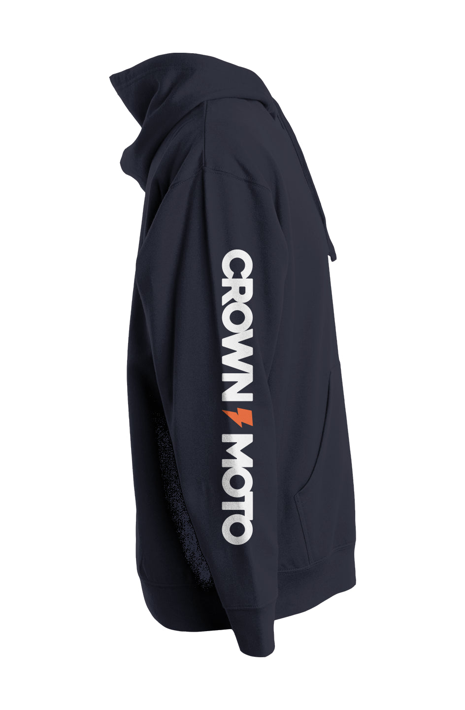 crown moto logo text and lightning bolt printed on sleeve of premium hooded sweatshirt