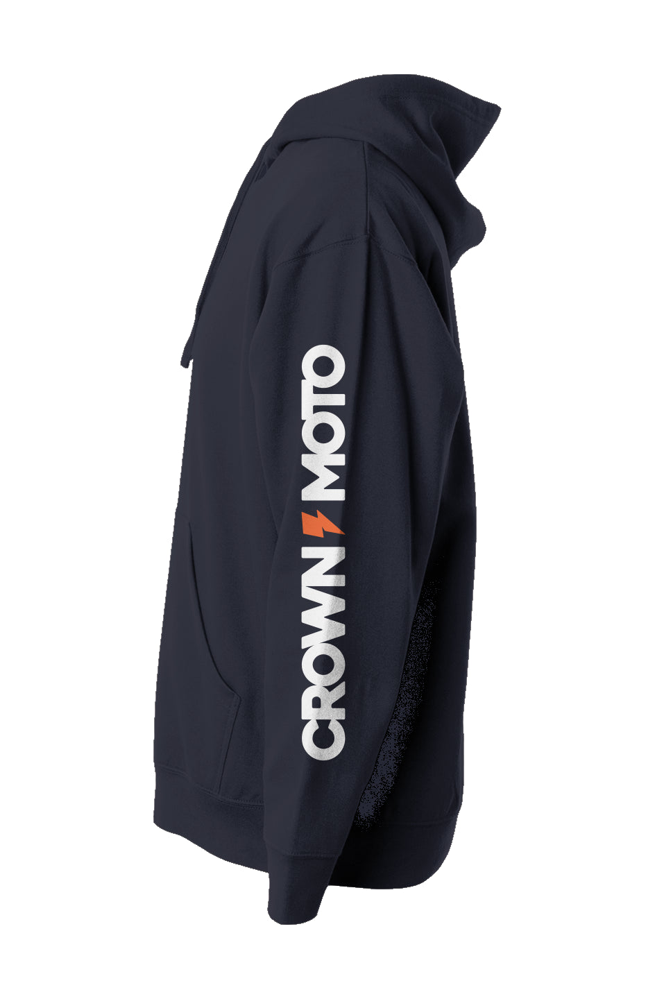 crown moto logo text and lightning bolt printed on sleeve of premium hooded sweatshirt