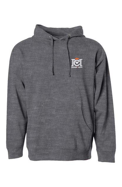 Trademarked crown moto logo printed on chest of hooded sweatshirt