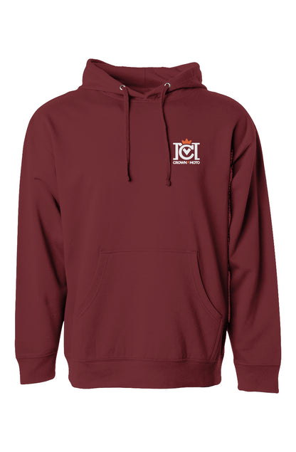 Trademarked crown moto logo printed on chest of hooded sweatshirt