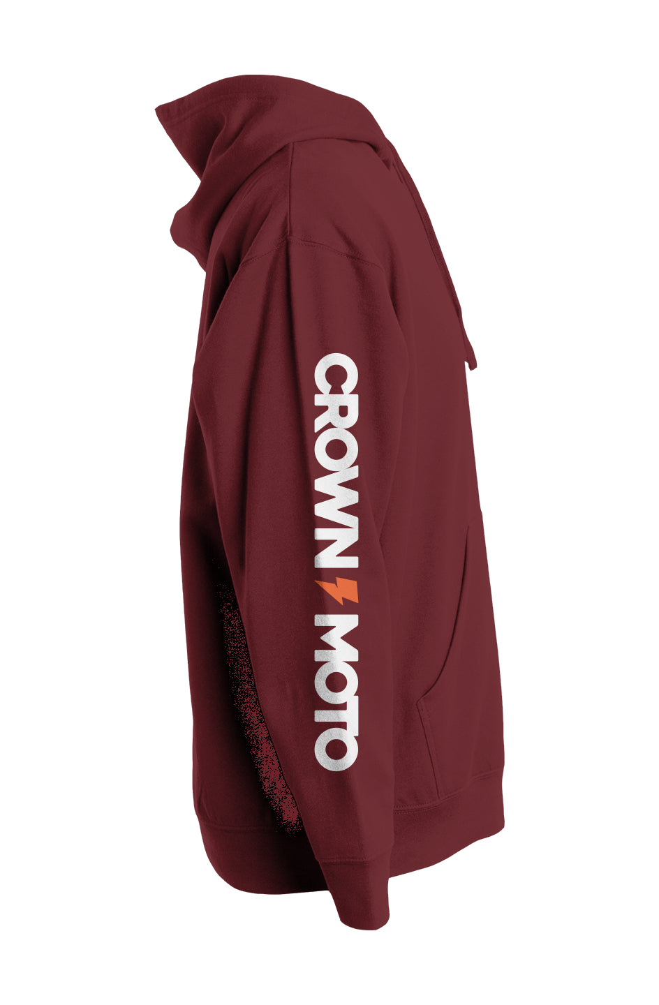 crown moto logo text and lightning bolt printed on sleeve of premium hooded sweatshirt