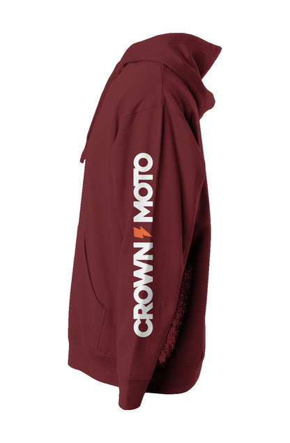 crown moto logo text and lightning bolt printed on sleeve of premium hooded sweatshirt