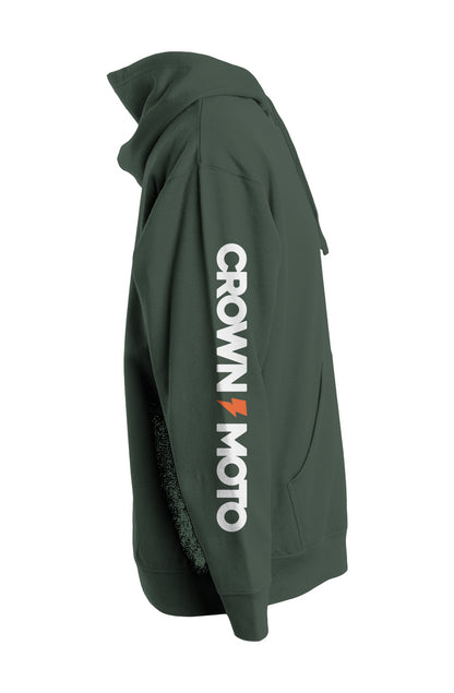 crown moto logo text and lightning bolt printed on sleeve of premium hooded sweatshirt