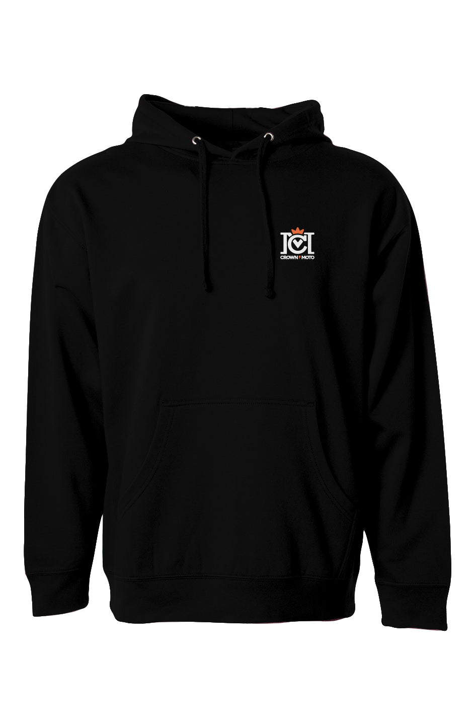 Trademarked crown moto logo printed on chest of hooded sweatshirt