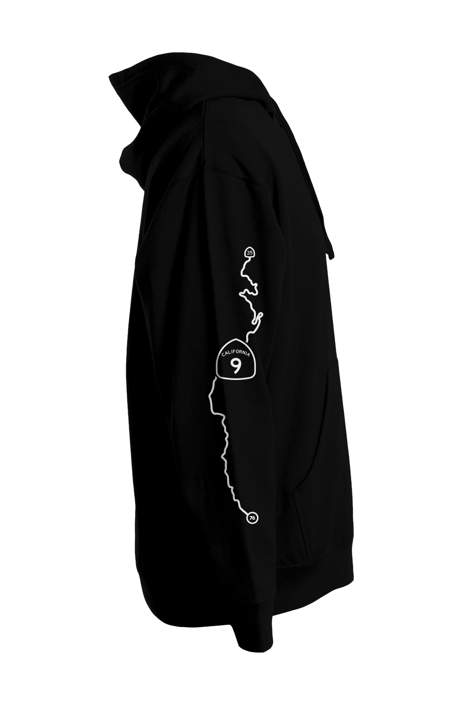 ca highway 9 map printed on sleeve of hooded sweatshirt