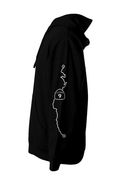 CA highway 9 map printed on sleeve of  hooded sweatshirt by crown moto