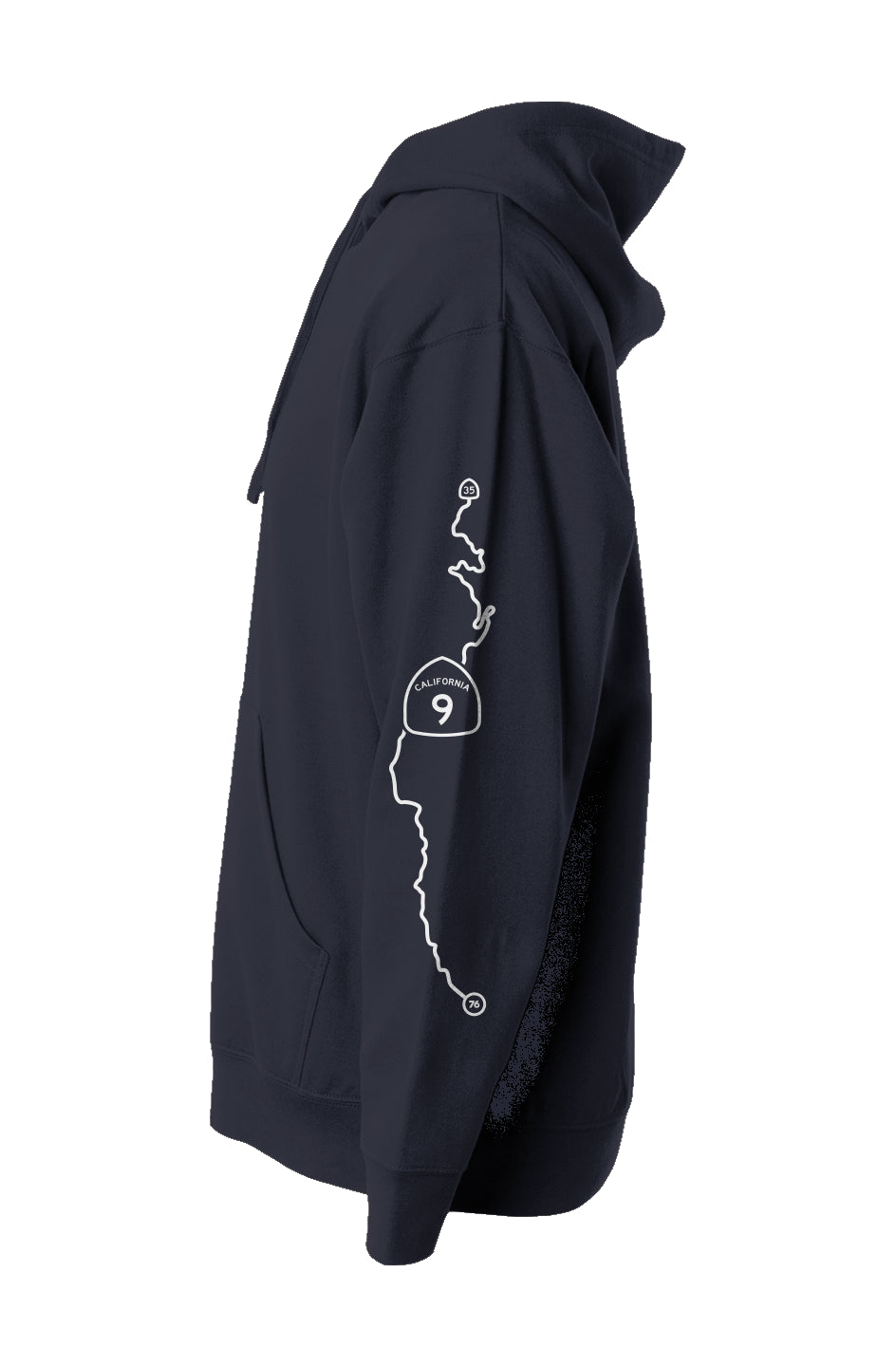 ca highway 9 map printed on sleeve of hooded sweatshirt