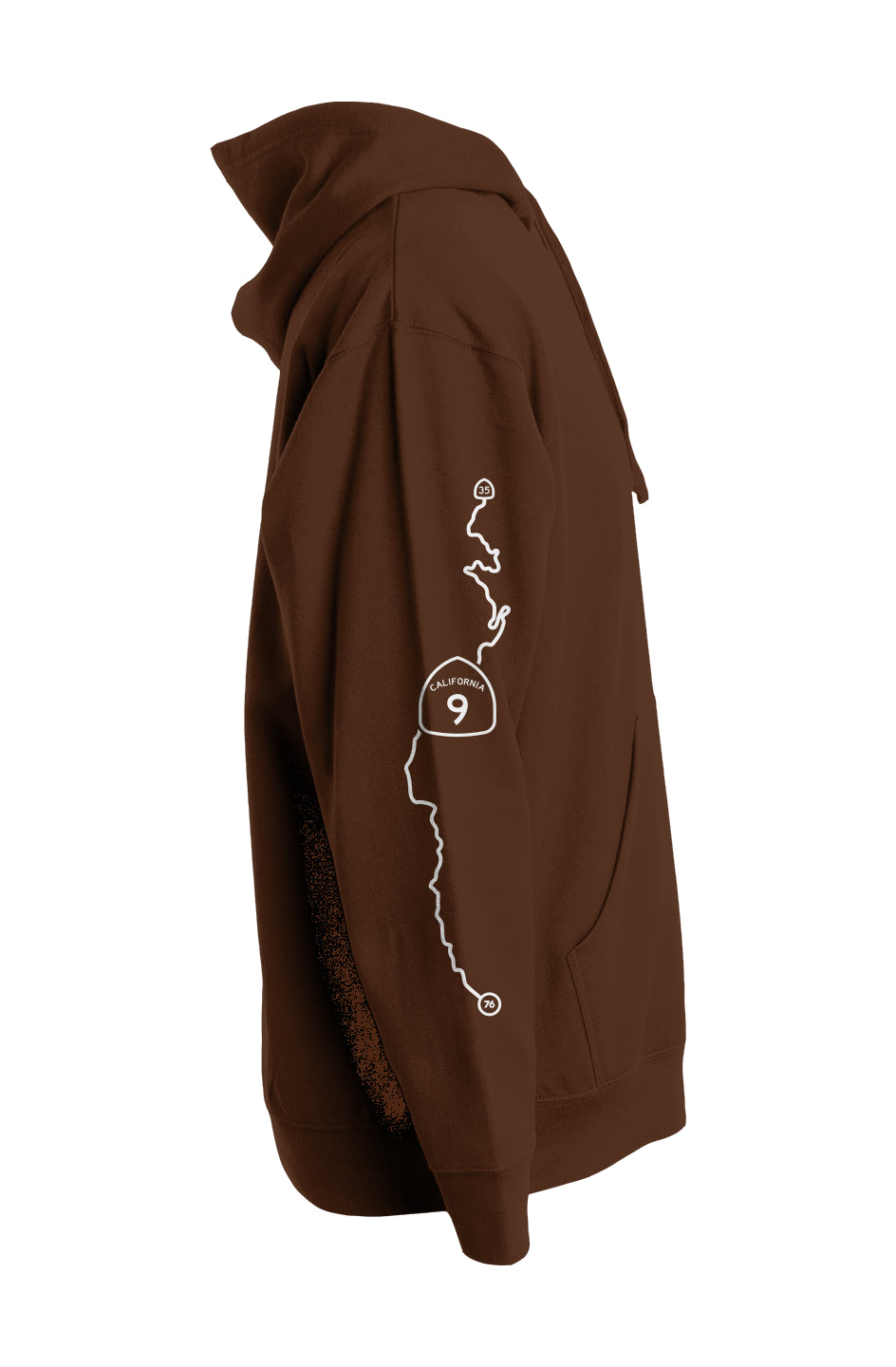 ca highway 9 map printed on sleeve of hooded sweatshirt