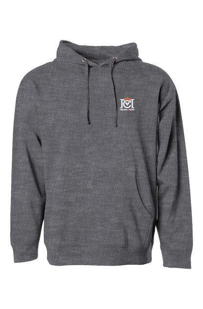 trademarked crown moto logo printed on chest of hooded sweatshirt