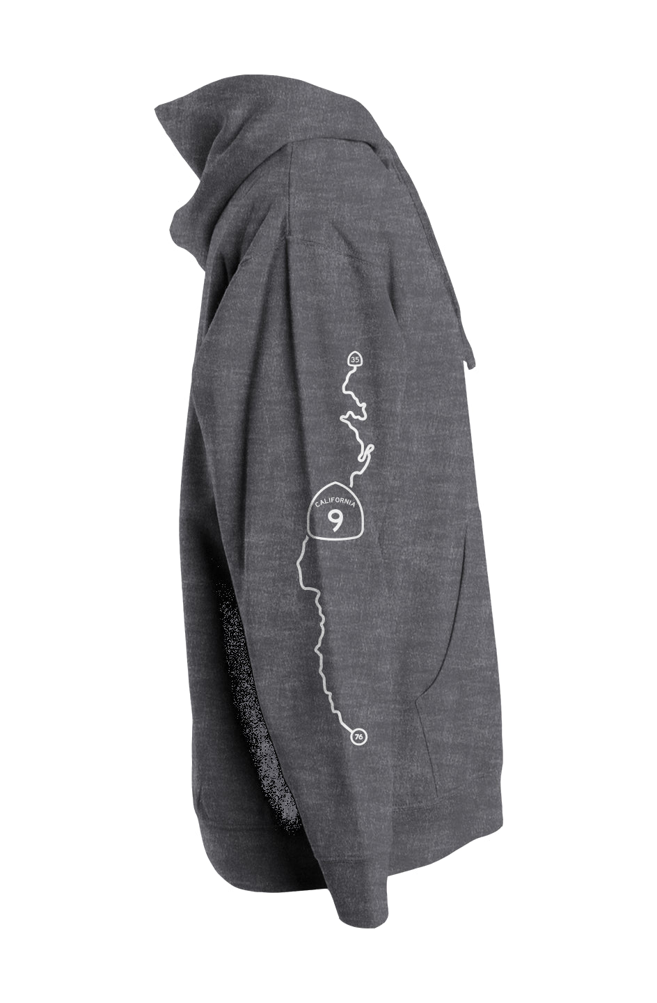 ca highway 9 map printed on sleeve of hooded sweatshirt