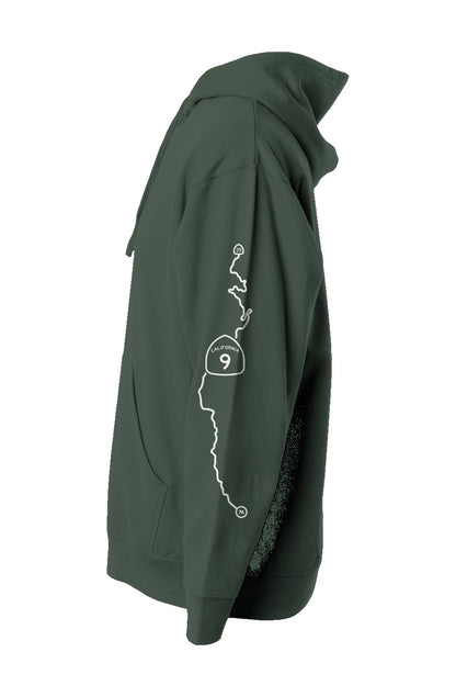 ca highway 9 map printed on sleeve of hooded sweatshirt