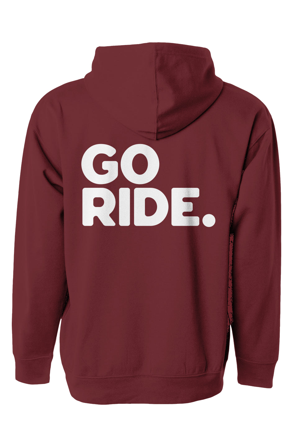 "go ride" printed on back of  hooded sweatshirt by crown moto