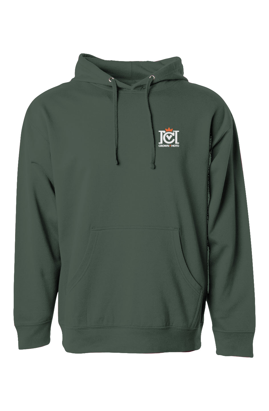 trademarked crown moto logo printed on chest of hooded sweatshirt