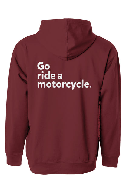 "go ride a motorcycle" printed on back of green hooded sweatshirt by crown 